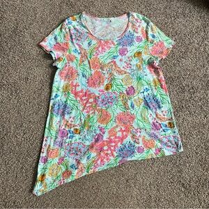 Fresh Produce 2X Plus Size Oceanscape Asymmetrical Short Sleeve Shirt Tropical